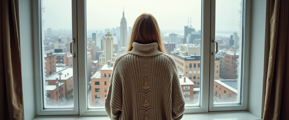 Woman's silhouette from behind looking out a frosty window at city lights  