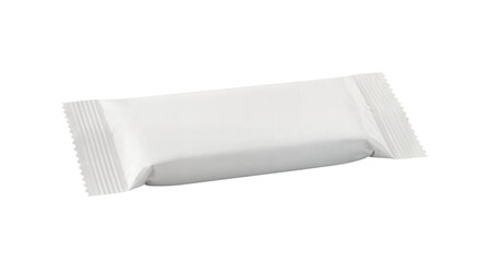 Blank white flow pack wrapper mockup for a chocolate or protein snack bar. Isolated on transparent background, png
