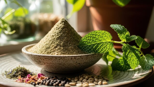 A conical pile of finely ground green herbs or spices sits in a rustic bowl on a textured platter with fresh mint leaves and scattered whole spices