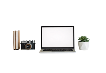Laptop with books camera and succulent plant workspace, isolated on a transparent background