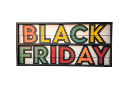Colorful BLACK FRIDAY text sign in decorative frame, isolated on a transparent background