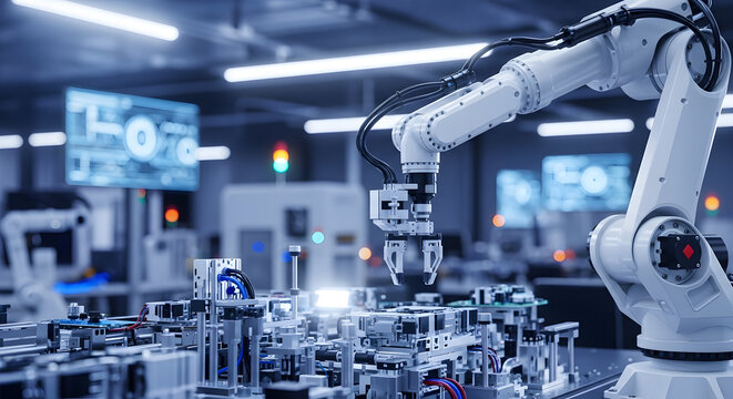 Industrial robotic arm assembling electronic component on factory floor