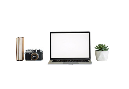 Laptop with books camera and succulent plant workspace, isolated on a transparent background