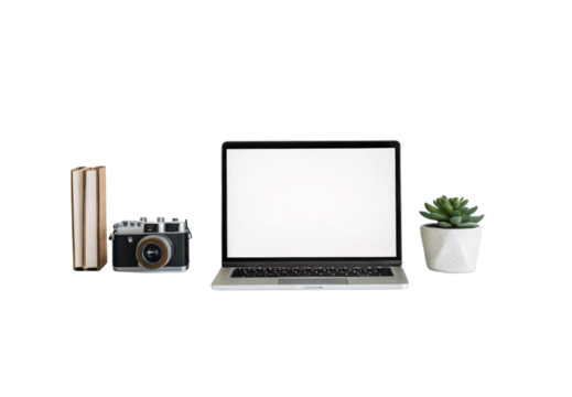 Laptop with books camera and succulent plant workspace, isolated on a transparent background