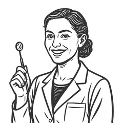 confident woman dentist in a lab coat holding a dental mirror, ideal for oral health themes sketch engraving fictional character vector illustration. Scratch board. Black and white image