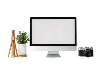 Desktop computer with plant easel and vintage camera, isolated on a transparent background