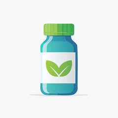 Blue medicine bottle with green cap and white label.