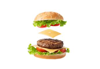 Assembled cheeseburger with floating top bun and cheese, isolated on a transparent background