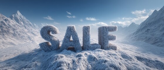 Winter discount theme sale snow typography in icy landscape with frosty 3d lettering under crisp daylight