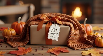 Autumnal gift in warm ambiance: A meticulously wrapped gift adorned with an elegant orange bow and a heartwarming tag, enveloped by a cozy scarf.