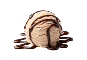 Vanilla ice cream scoop with chocolate sauce drizzled across surface, isolated on a transparent background