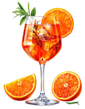 Sophisticated cynar spritz, an italian aperitif with prosecco and soda, garnished with an orange slice, isolated on white background