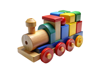Colorful wooden toy train with stacked blocks and red wheels, isolated on a transparent background