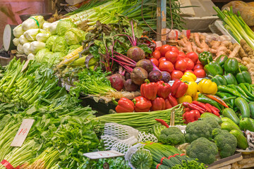 Bunch of Fresh Vegetables at Farmers Market Stall in Hong Kong