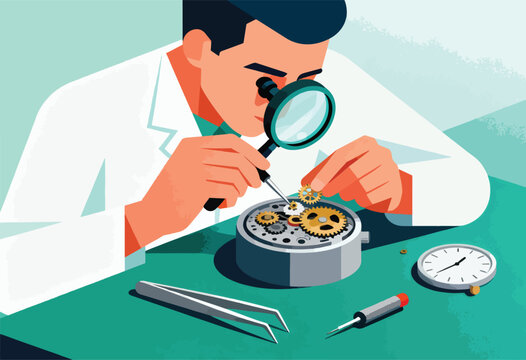 A watchmaker meticulously repairs a timepiece, magnifying glass in hand, with tools and components scattered on a desk