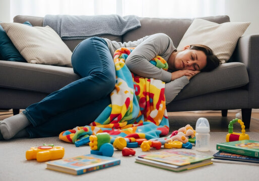 Tired woman sleeping on sofa surrounded by baby toys and books after caring for an infant. Postpartum fatigue concept.