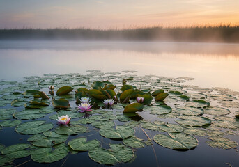 Peaceful morning mist gently cloaks a reflective wetland surface, adorned with vibrant water lilies in full bloom, capturing the quiet beauty of a new day's embrace