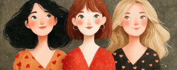 Three women portrayed in artistic style with pleasant expressions and warm colors