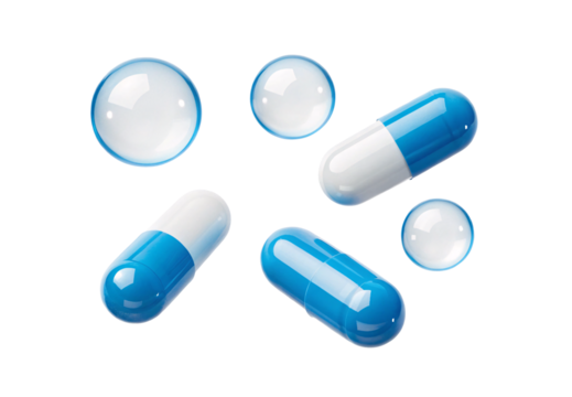 Medical capsules and bubbles floating composition healthcare medication illustration realistic, isolated on a transparent background - Powered by Adobe
