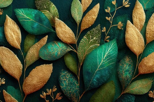 Fototapeta Seamless pattern of gold and green leaves with foil texture on dark backdrop