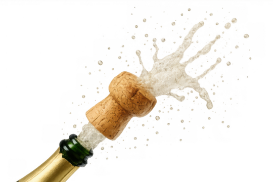 Champagne cork popping from a bottle with sparkling splash, celebrating new year, party, and success on transparent background