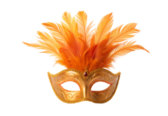 Elegant golden orange feathered Venetian carnival masquerade mask ornate decorative design, isolated on a transparent background