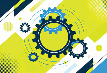 Abstract design with gears and geometric shapes in blue, yellow, and white, evoking technology and machinery