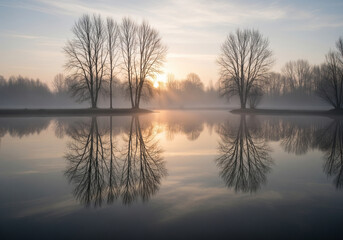 Fototapeta premium Serene Sunrise Reflections on a Misty Wetland with Silhouetted Trees, Calm Water Mirroring the Sky at Dawn, Tranquil Natural Landscape