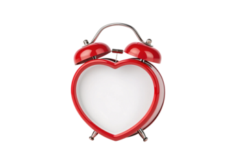 Red heart shaped alarm clock romantic love Valentine timepiece decoration, isolated on a transparent background