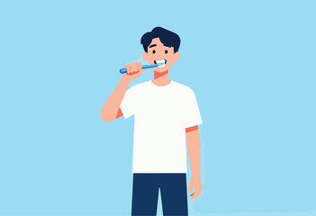 A person in a white shirt and blue pants brushes their teeth with a blue toothbrush against a light blue backdrop