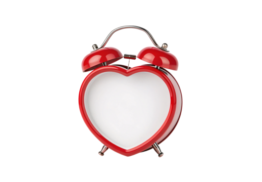 Red heart shaped alarm clock romantic love Valentine timepiece decoration, isolated on a transparent background