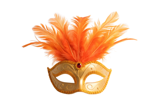 Elegant gold masquerade mask with orange feathers for carnival costume party, isolated on a transparent background