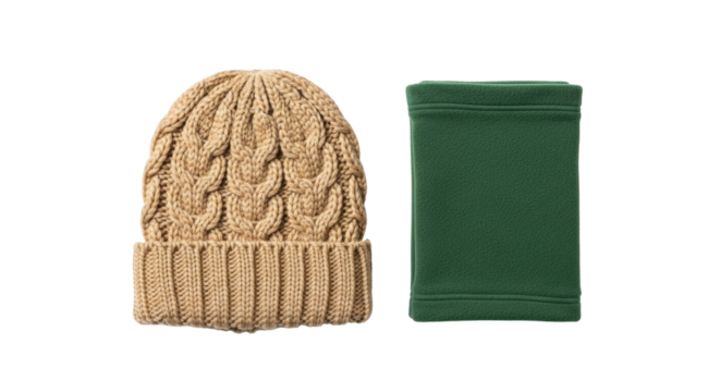 Isolated winter apparel featuring a beanie hat and neck warmer for outdoor activity attire