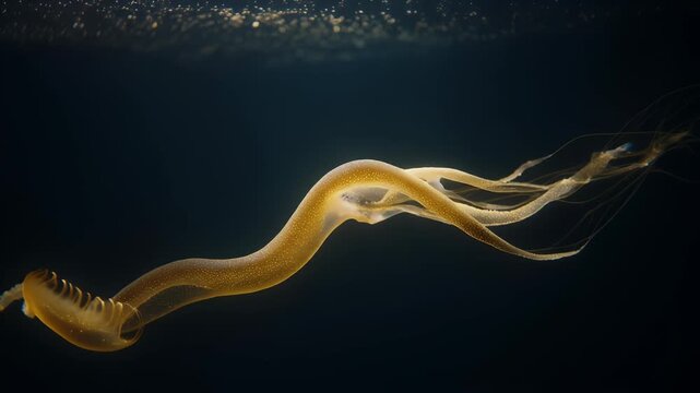 A ribbon worm swimming in the dark ocean water.