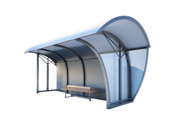 Modern curved blue bus stop shelter with bench seating, isolated on a transparent background