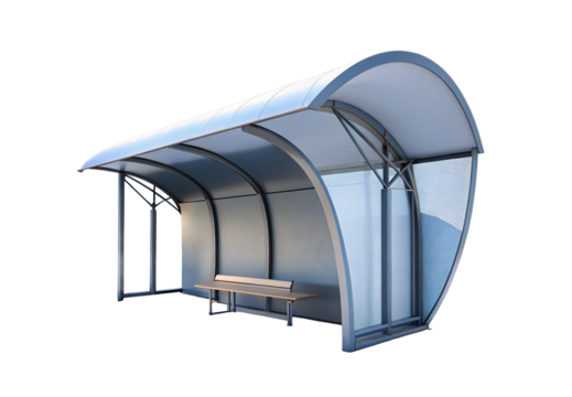 Modern curved blue bus stop shelter with bench seating, isolated on a transparent background