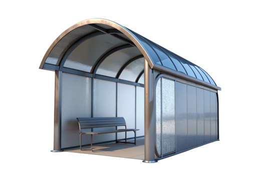 Futuristic modern blue metallic bus shelter stop with bench, isolated on a transparent background