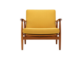 Isolated Retro Modern Armchair in Gold Fabric and Wooden Frame for Home D&eacute;cor or Office