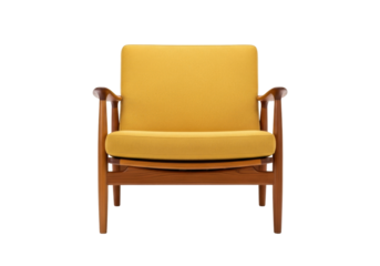Isolated Retro Modern Armchair in Gold Fabric and Wooden Frame for Home Décor or Office