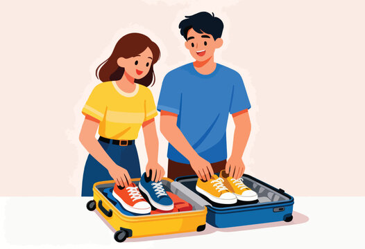 A cartoon couple packs suitcases with sneakers, suggesting travel plans and a shared experience. They are smiling