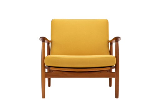 Isolated Retro Modern Armchair in Gold Fabric and Wooden Frame for Home Décor or Office