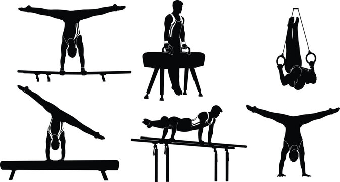Gymnastics Sports Equipment Silhouettes; Vector Set of Male Athletes on Parallel Bars, Pommel Horse, Rings, and Balance Beam; Acrobatics, Fitness, Competition, and Strength Concept Graphics.