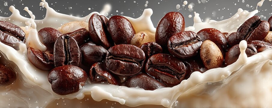 Coffee beans in a dynamic milk splash closeup: rich aroma, energy, and premium beverage imagery