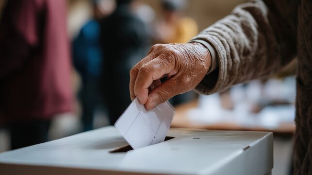 Elderly person deposits ballot paper into a polling station box during civic participation