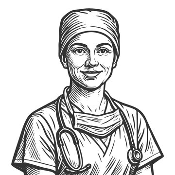 smiling female medical professional wearing scrubs, cap, and stethoscope, ideal for healthcare and surgery themes sketch engraving vector illustration. Scratch board. Black and white.
