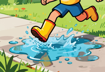 An illustration shows a child in yellow boots jumping into a puddle, creating a splash, on a sidewalk