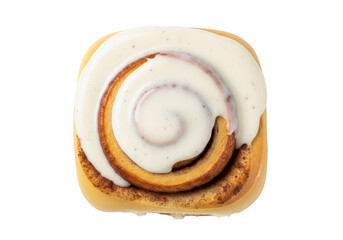 Isolated cinnamon roll with frosting, sweet dessert baked treat, breakfast pastry and snack