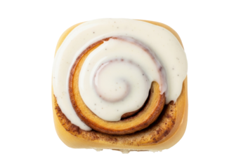 Isolated cinnamon roll with frosting, sweet dessert baked treat, breakfast pastry and snack