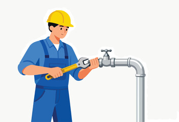 Cartoon illustration depicts a plumber wearing blue overalls and a yellow helmet, using a wrench on a pipe
