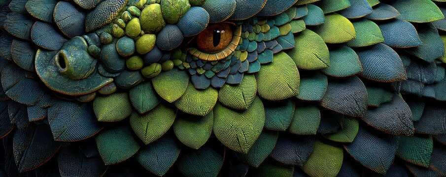 Close-up of a green and blue dragon’s scales with textured reptile skin and a piercing eye